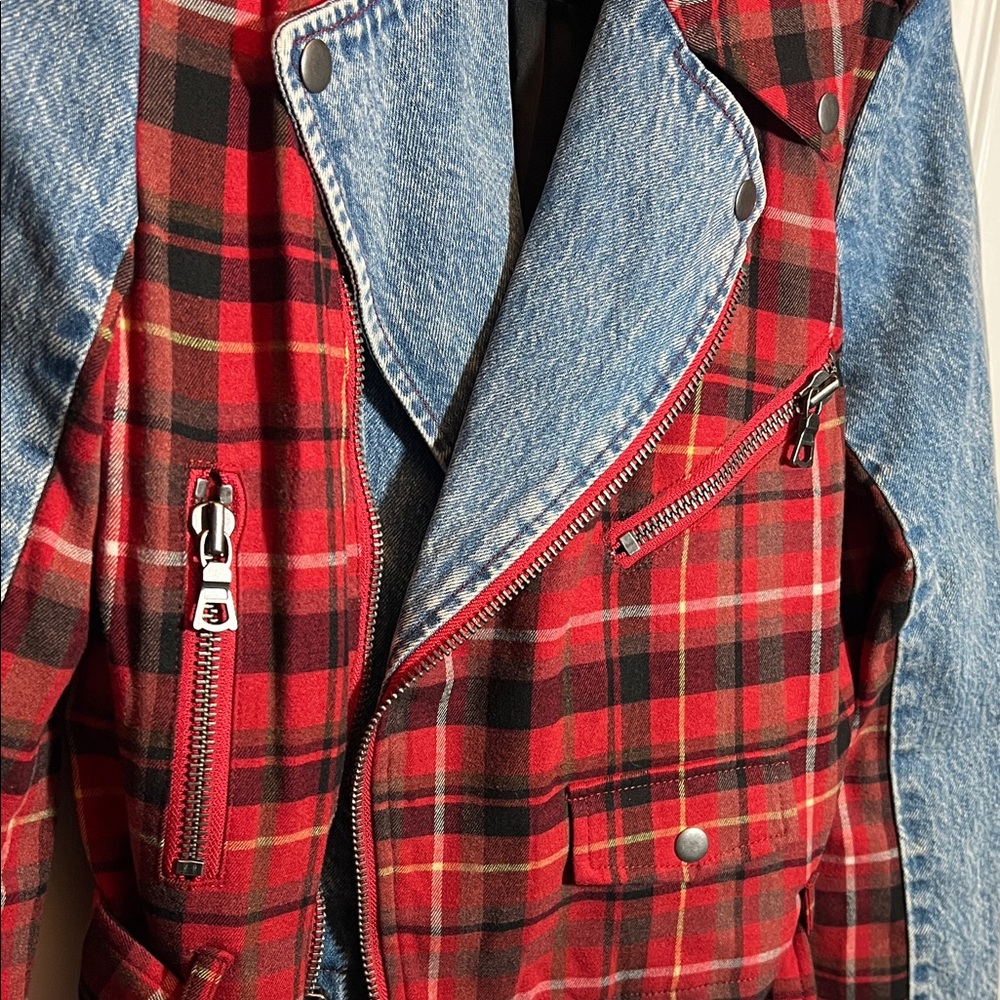 Alice + Olivia - Cody Checked Flannel And Denim Biker Jacket - Picture 5 of 10